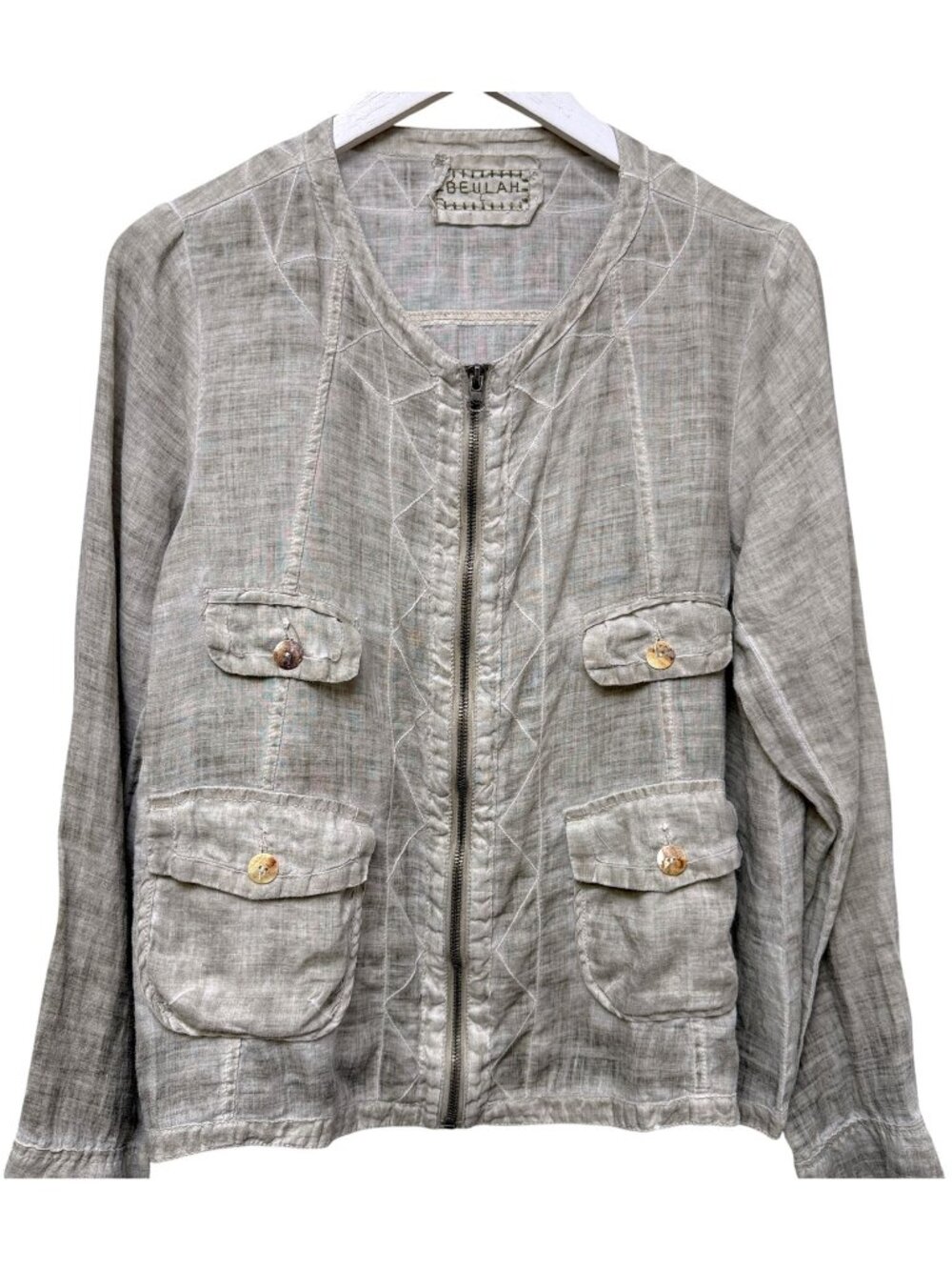 Beulah Light Jacket M/L Beige Ramie Linen Look Boho Zip Front Artsy Minimalist